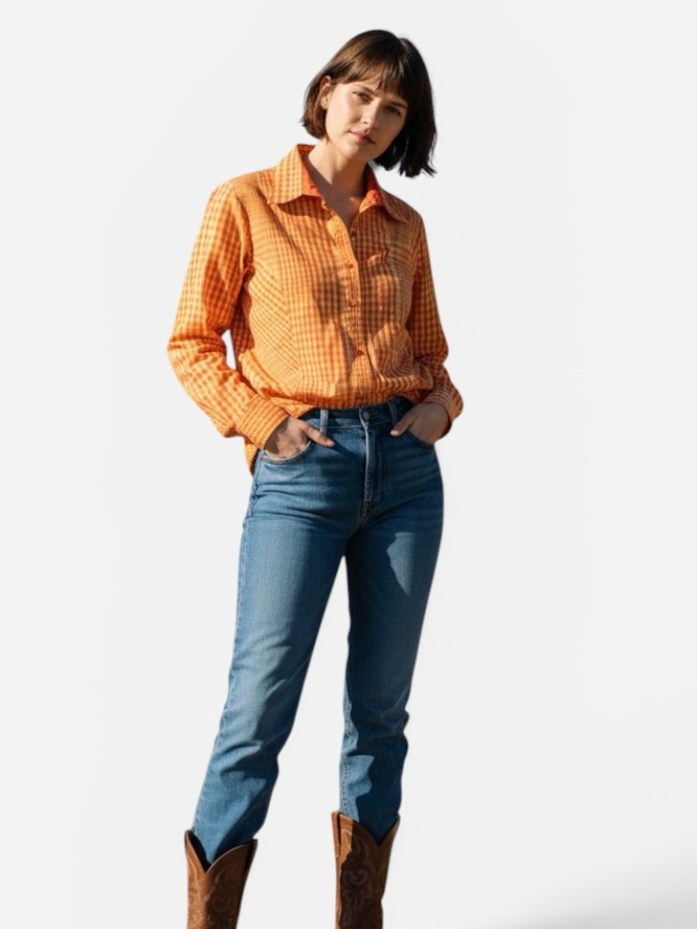 Rockies Vintage 100% Cotton Orange Checked Button-Front Shirt